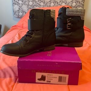 Black combat boots with zipper/strings/buckles